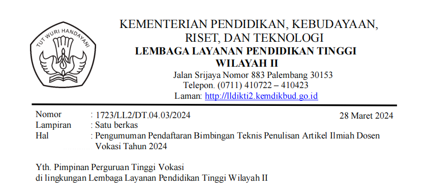 Pengumuman pendaftaran bimbingan teknis penulisan artikel ilmiah dosen vokasi tahun 2024