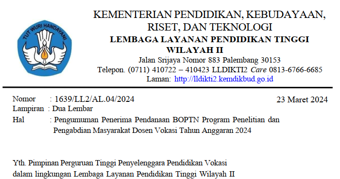 Pengumuman Penerima Pendanaan BOPTN Program Penelitian dan  Pengabdian Masyarakat Dosen Vokasi Tahun Anggaran 2024