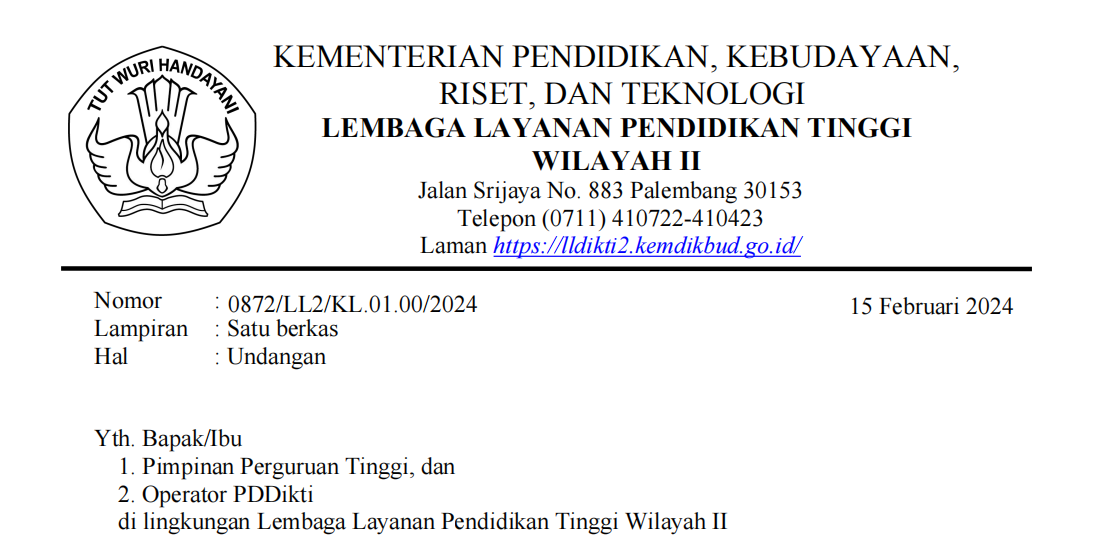 Undangan Sosialisasi Indikator Kinerja Utama Perguruan Tinggi dan LLDIKTI secara Daring