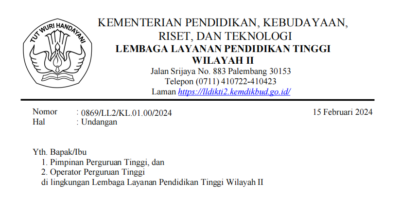 Undangan Sosialisasi Indikator Kinerja Utama Perguruan Tinggi dan LLDIKTI secara Luring