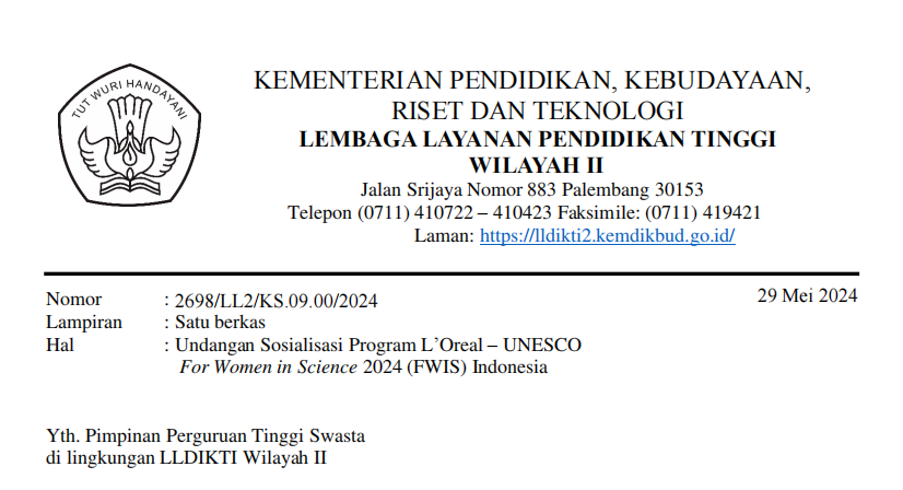 Undangan Sosialisasi Program L’Oreal – UNESCO For Women in Science 2024 (FWIS) Indonesia