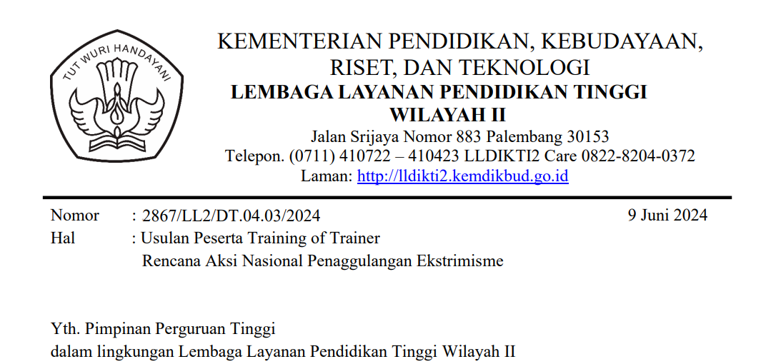 Usulan Peserta Training of Trainer Rencana Aksi Nasional Penaggulangan Ekstrimisme